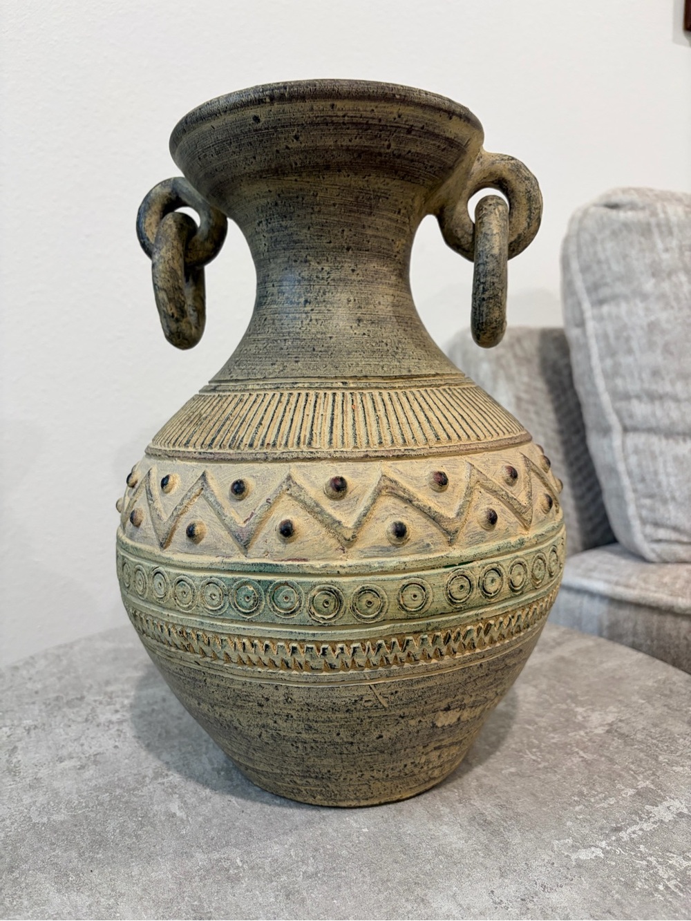 Decorative Textured Ceramic Vase in Olive Green and Tan